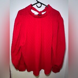 Loft Long Sleeve Red Blouse with Polka Dot Pattern and Tied Bow